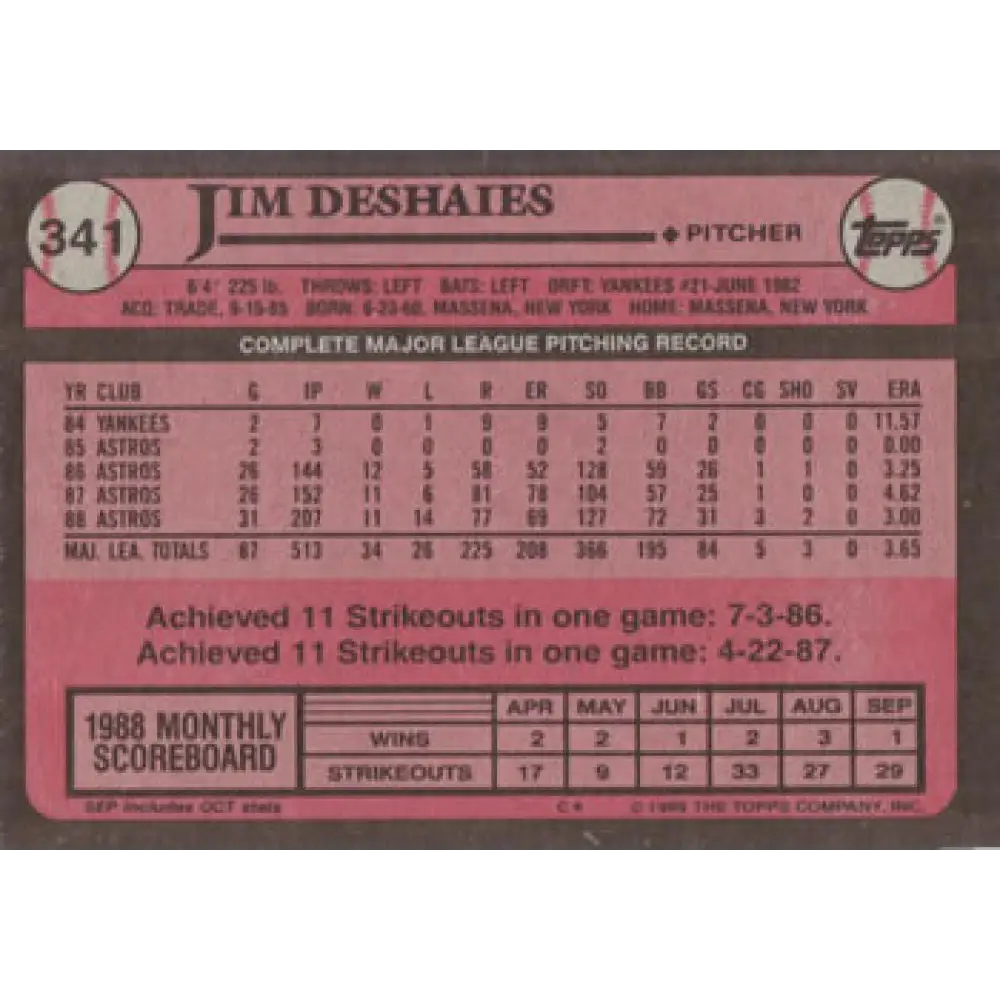 1989 Topps #341 Jim Deshaies NM-MT Houston Astros Baseball Card Image 2