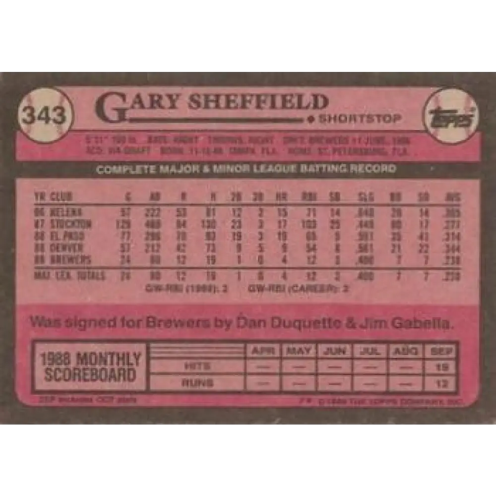 1989 Topps #343 Gary Sheffield FS NM-MT RC Rookie Milwaukee Brewers Baseball Card Image 2