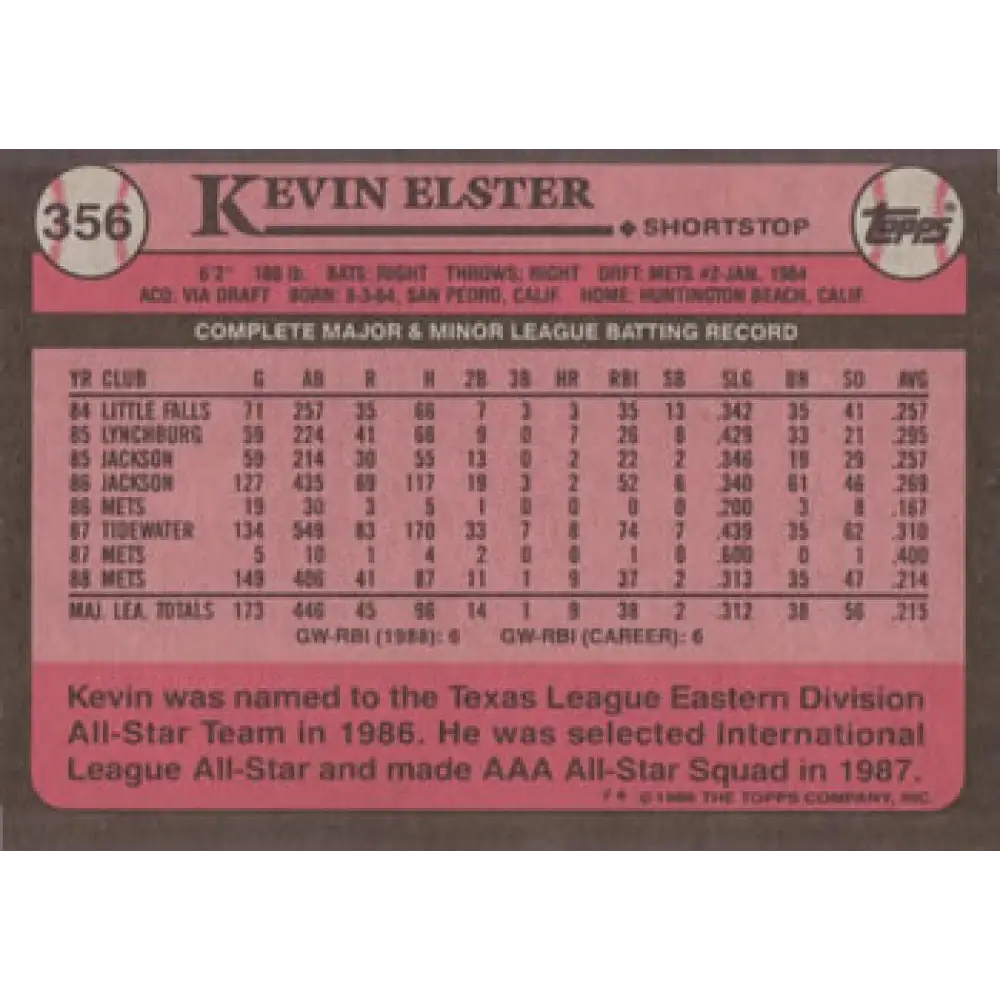 1989 Topps #356 Kevin Elster NM-MT New York Mets Baseball Card Image 2