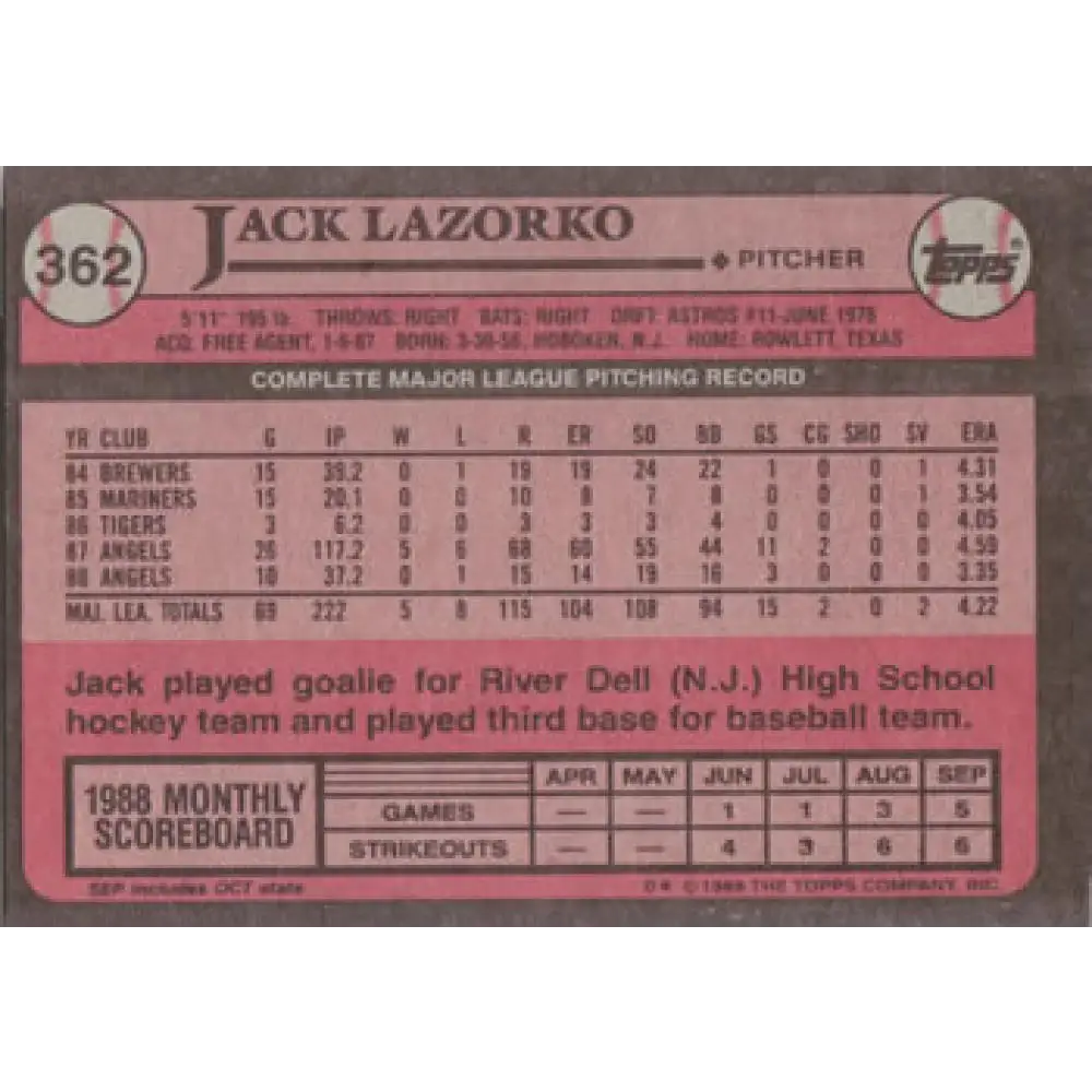 1989 Topps #362 Jack Lazorko NM-MT California Angels Baseball Card Image 2