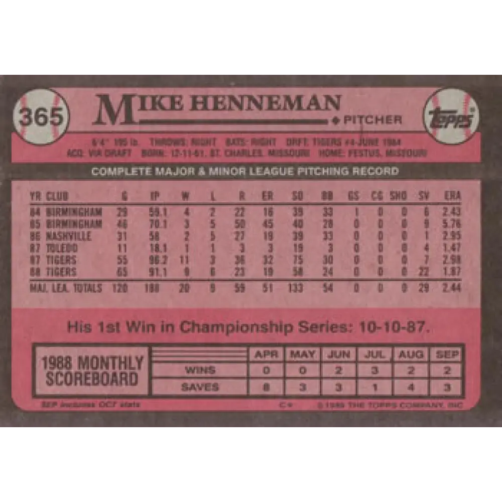 1989 Topps #365 Mike Henneman NM-MT Detroit Tigers Baseball Card Image 2