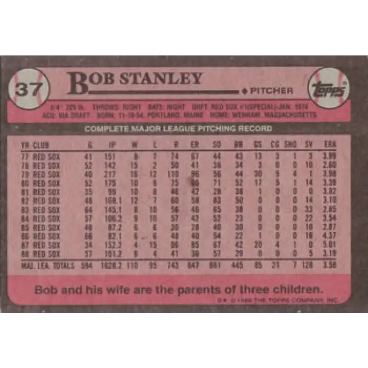 1989 Topps #37 Bob Stanley NM-MT Boston Red Sox Baseball Card Image 2