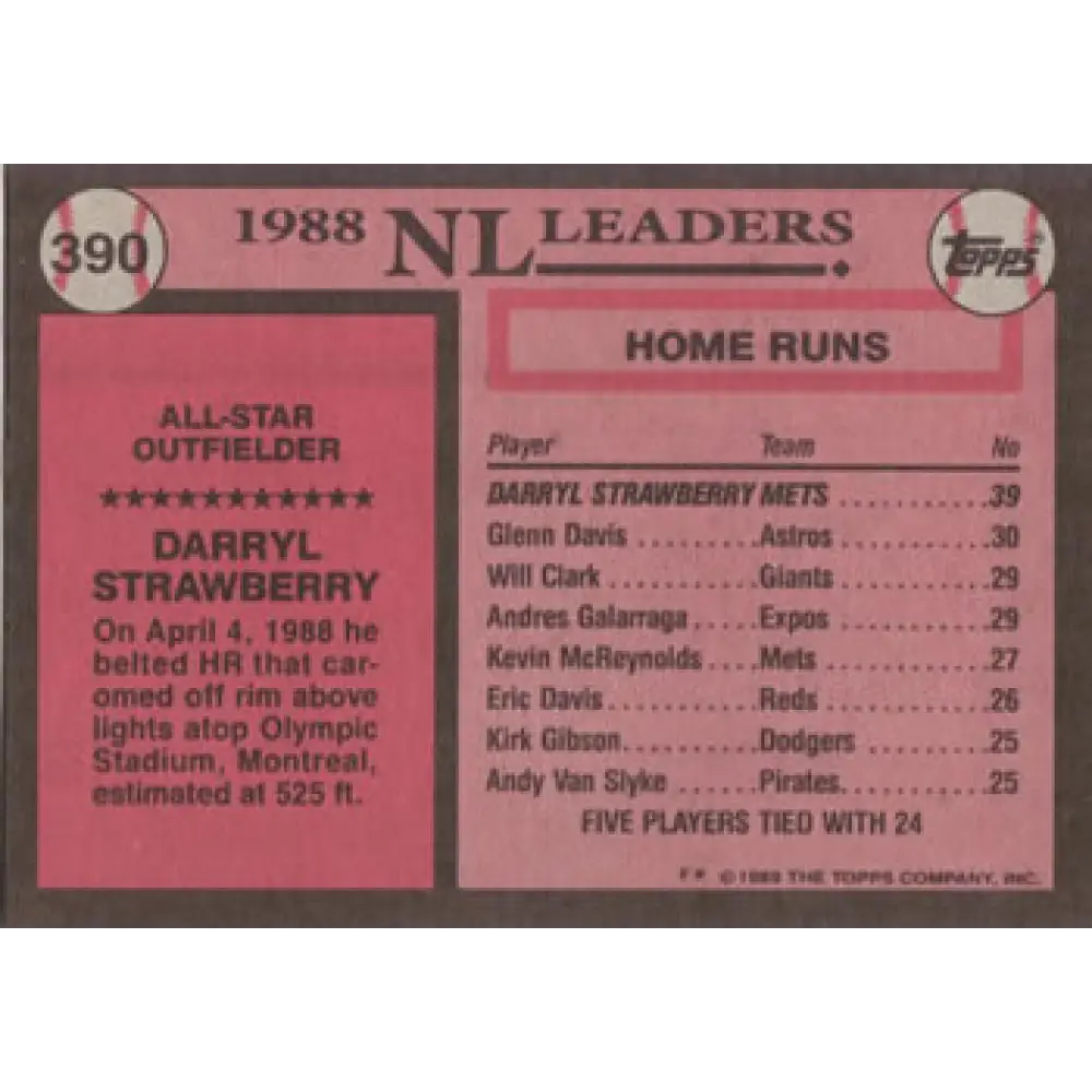 1989 Topps #390 Darryl Strawberry AS NM-MT New York Mets Baseball Card Image 2