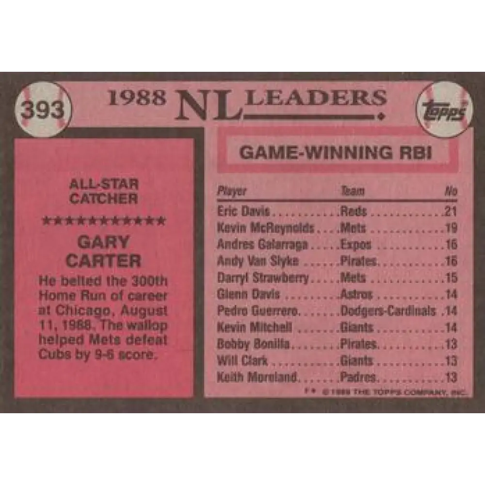1989 Topps #393 Gary Carter AS NM-MT New York Mets Baseball Card Image 2