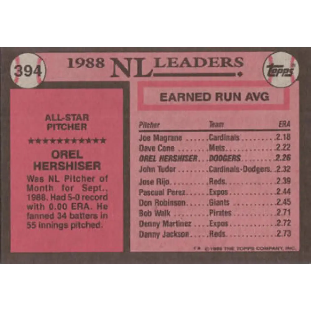 1989 Topps #394 Orel Hershiser AS NM-MT Los Angeles Dodgers Baseball Card Image 2