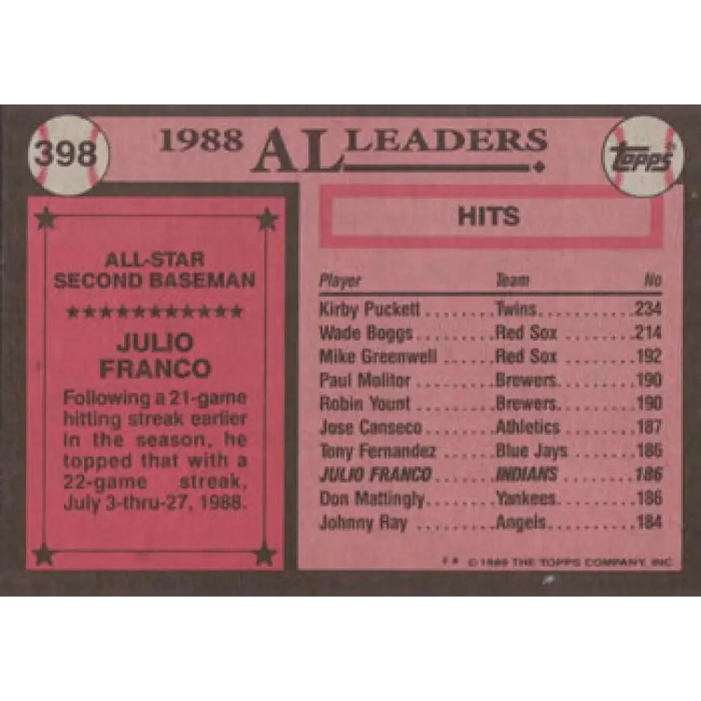 1989 Topps #398 Julio Franco AS NM-MT Cleveland Indians Baseball Card Image 2