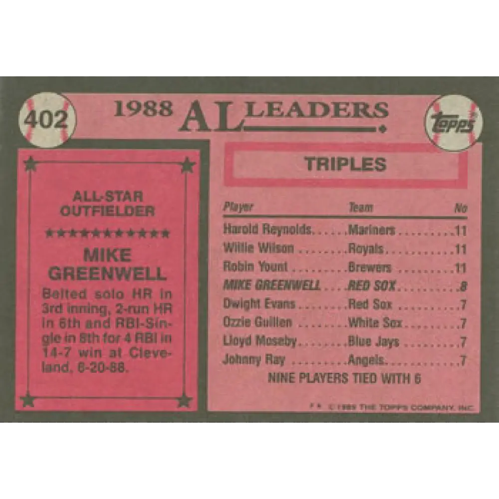 1989 Topps #402 Mike Greenwell AS NM-MT Boston Red Sox Baseball Card Image 2