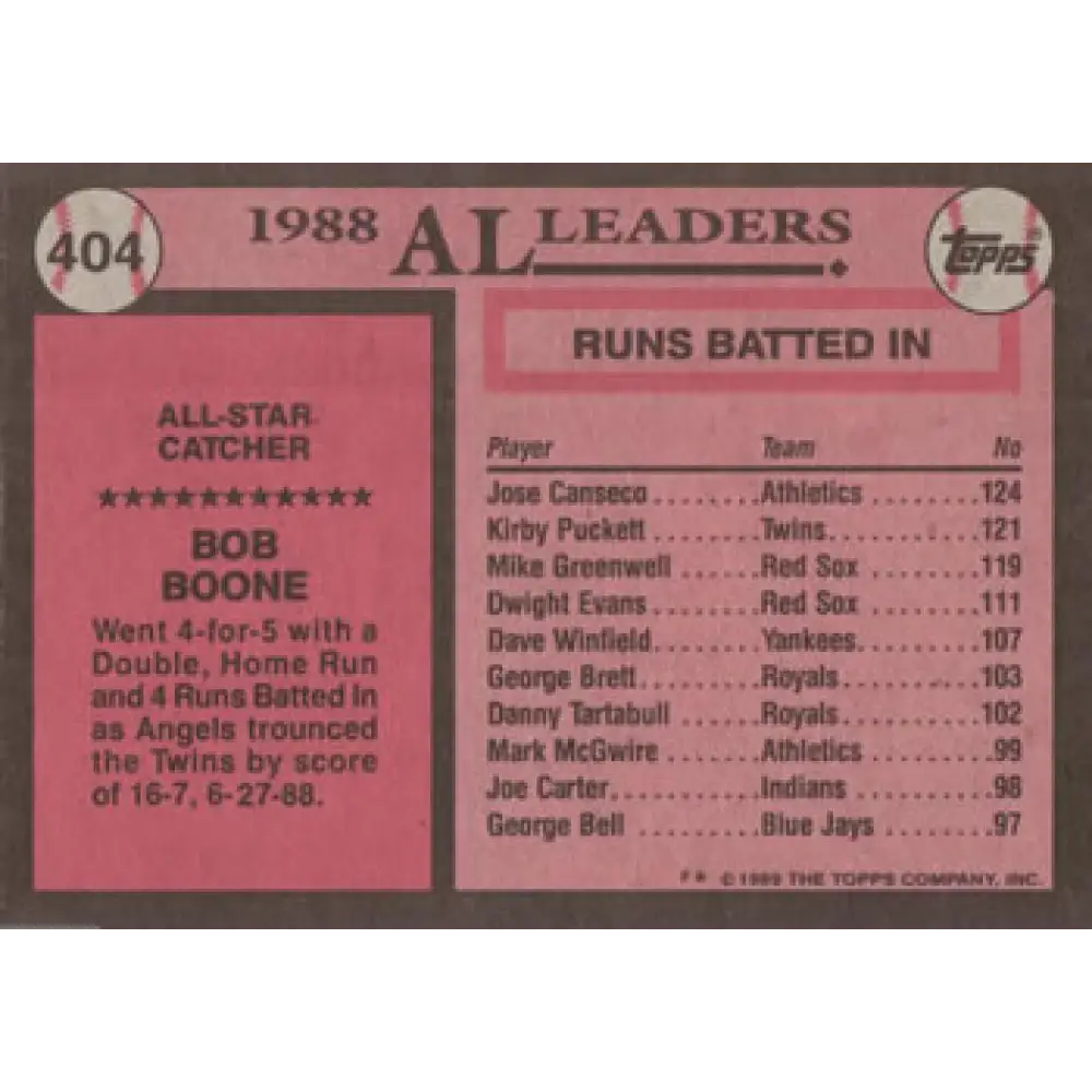 1989 Topps #404 Bob Boone AS NM-MT California Angels Baseball Card Image 2