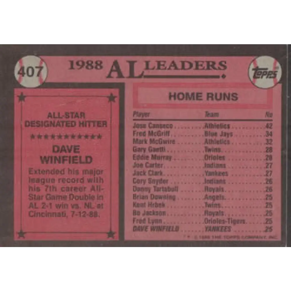 1989 Topps #407 Dave Winfield AS NM-MT New York Yankees Baseball Card Image 2