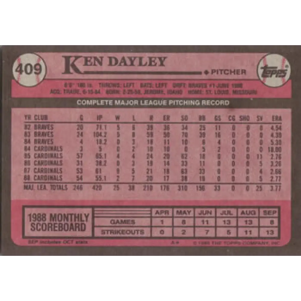 1989 Topps #409 Ken Dayley NM-MT St. Louis Cardinals Baseball Card Image 2