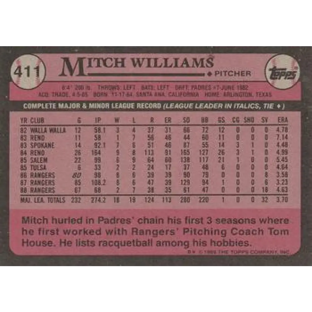 1989 Topps #411 Mitch Williams NM-MT Texas Rangers Baseball Card Image 2