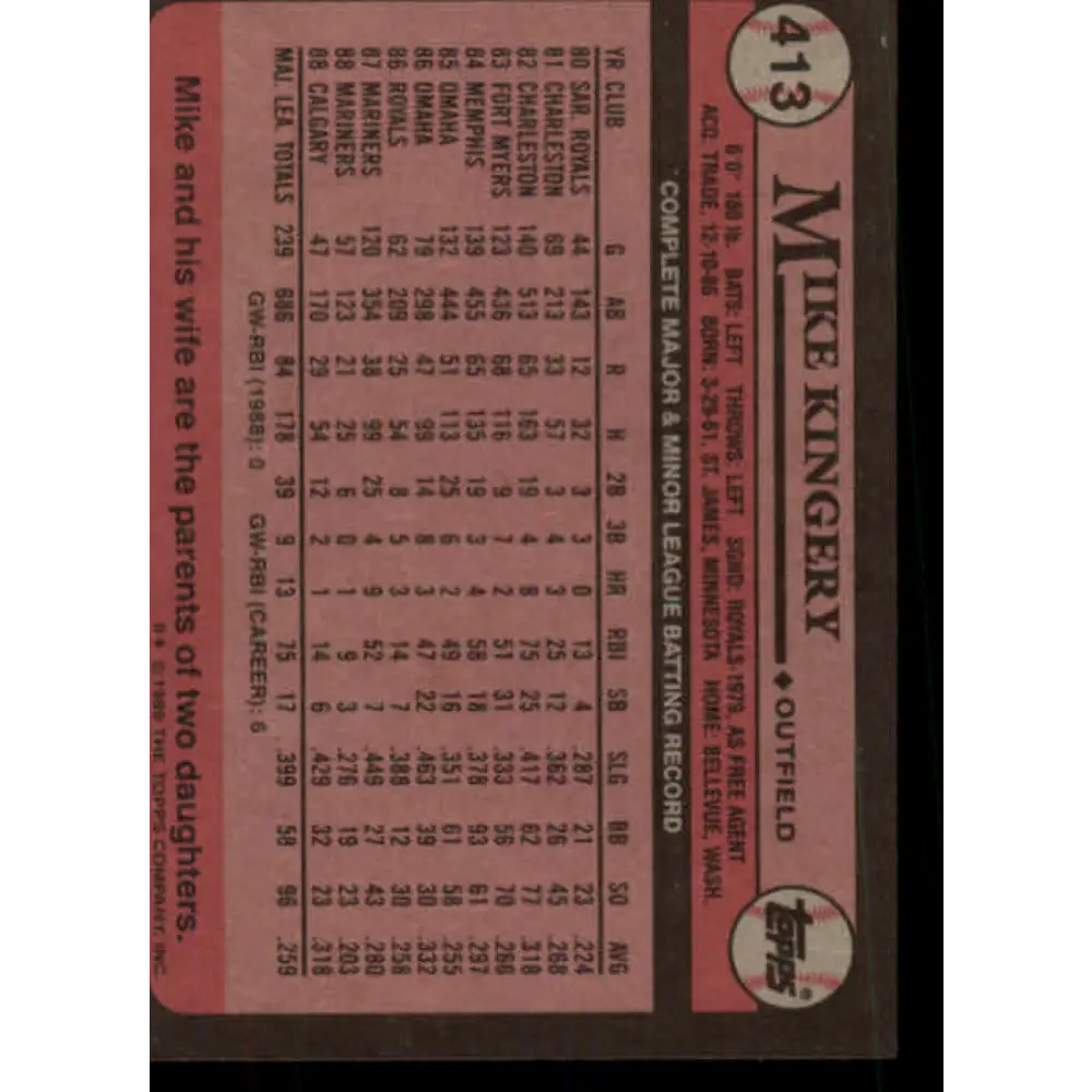 1989 Topps #413 Mike Kingery NM-MT Seattle Mariners Baseball Card Image 2