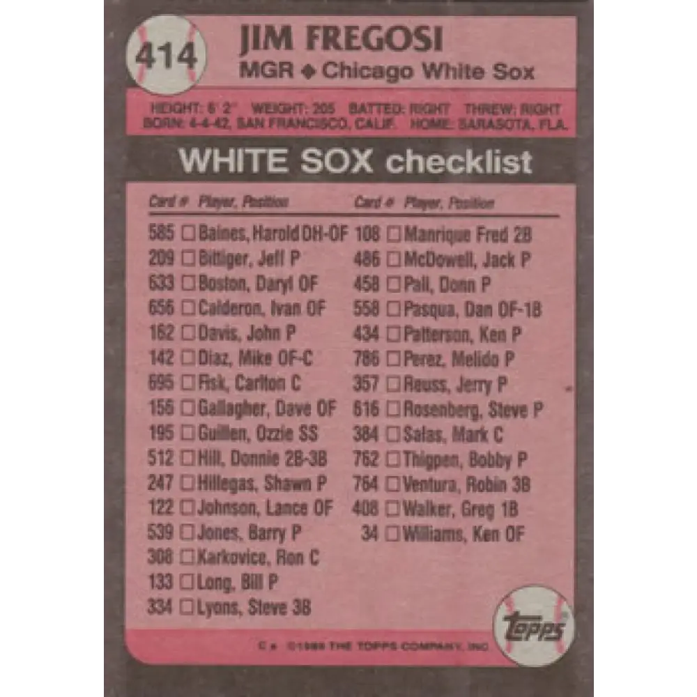 1989 Topps #414 Jim Fregosi MG NM-MT Chicago White Sox Baseball Card Image 2
