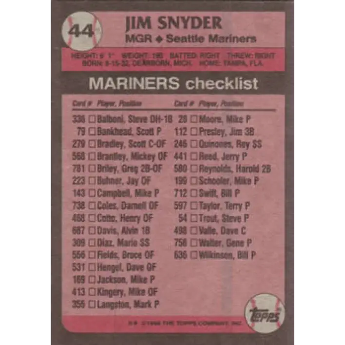 1989 Topps #44 Jim Snyder MG NM-MT Seattle Mariners Baseball Card Image 2