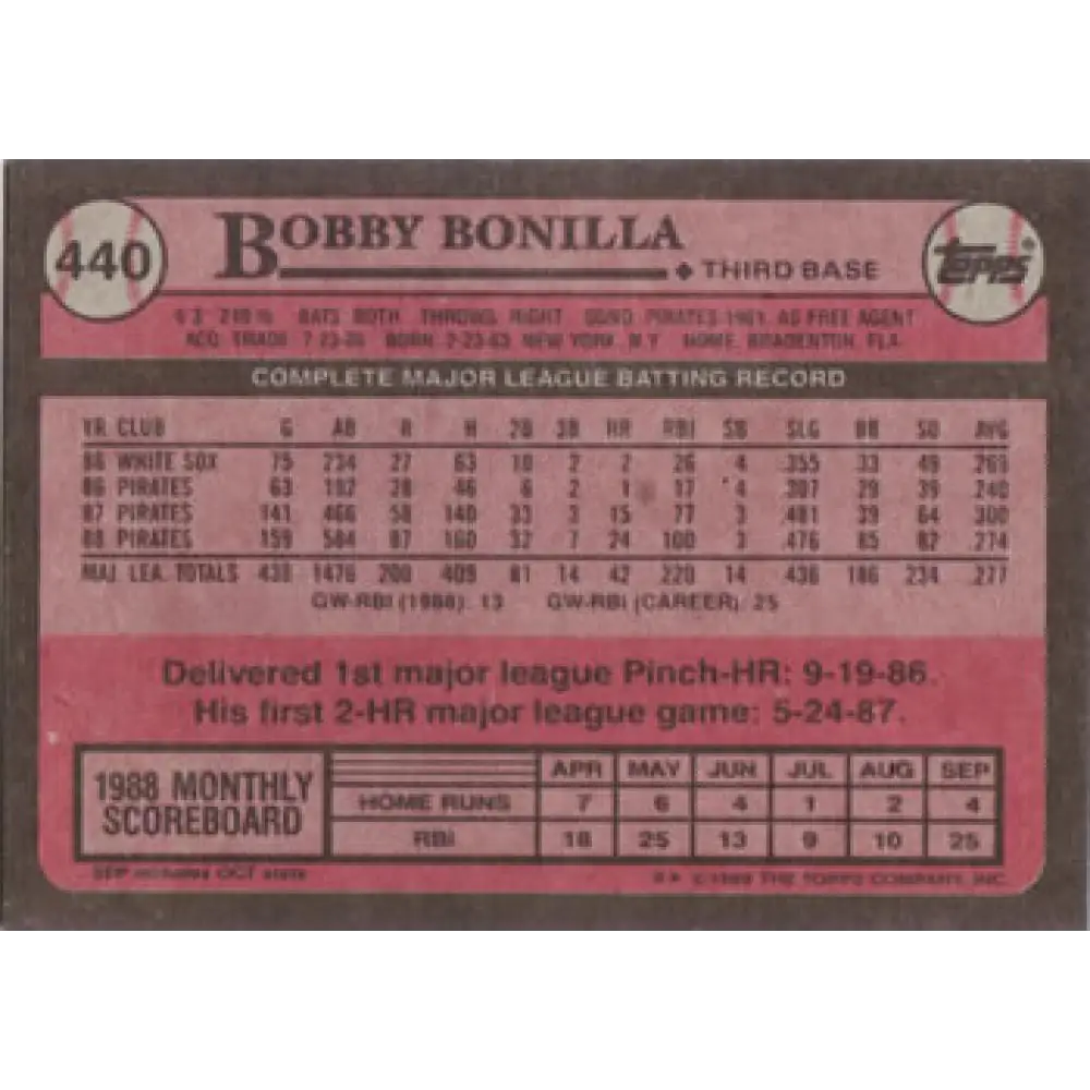 1989 Topps #440 Bobby Bonilla NM-MT Pittsburgh Pirates Baseball Card Image 2