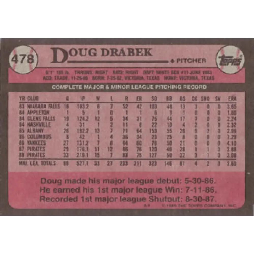1989 Topps #478 Doug Drabek NM-MT Pittsburgh Pirates Baseball Card Image 2