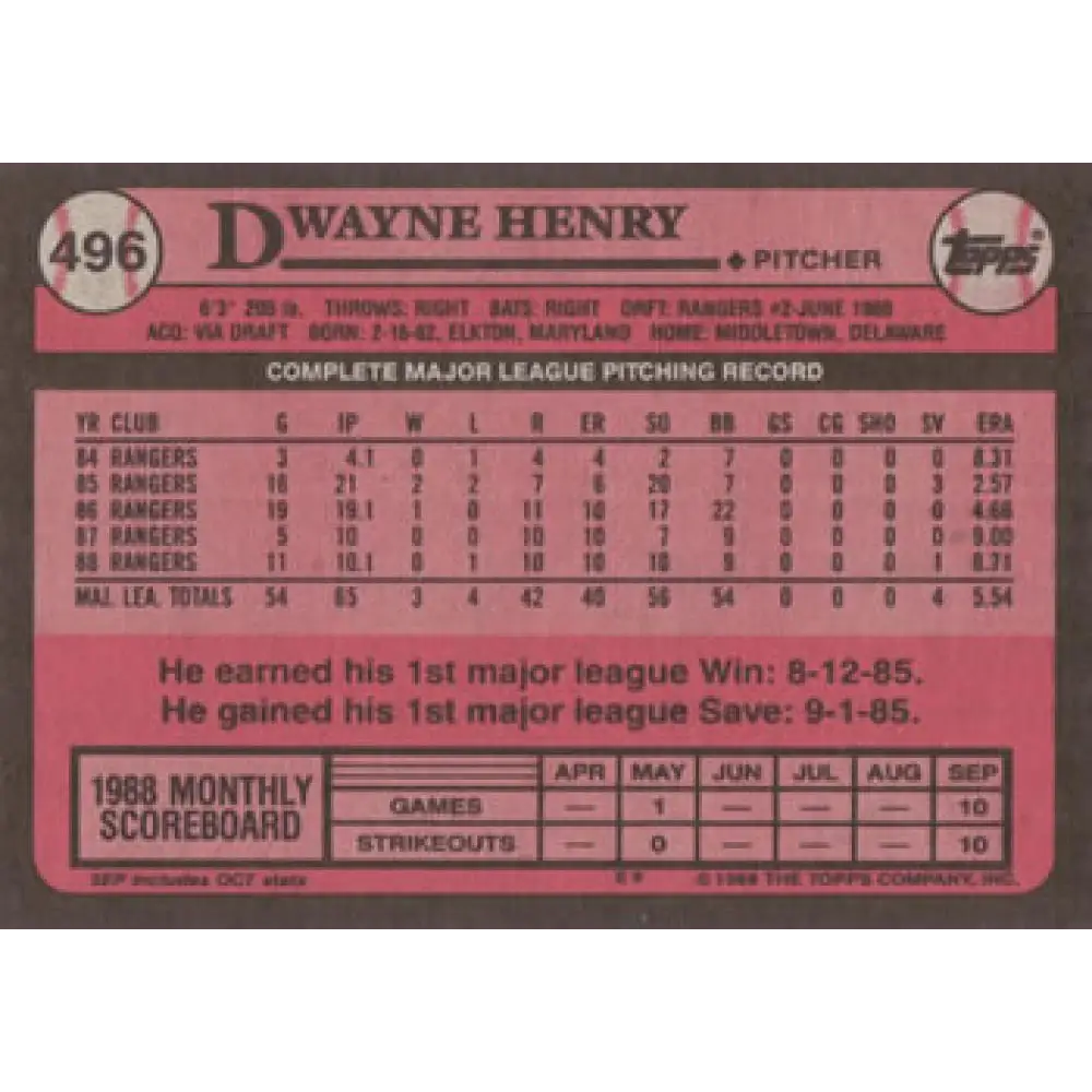 1989 Topps #496 Dwayne Henry NM-MT Texas Rangers Baseball Card Image 2