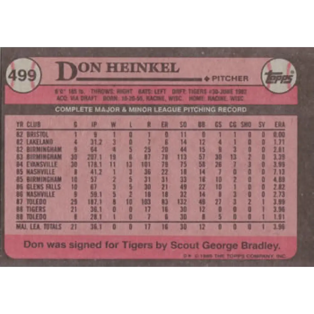 1989 Topps #499 Don Heinkel NM-MT Detroit Tigers Baseball Card Image 2