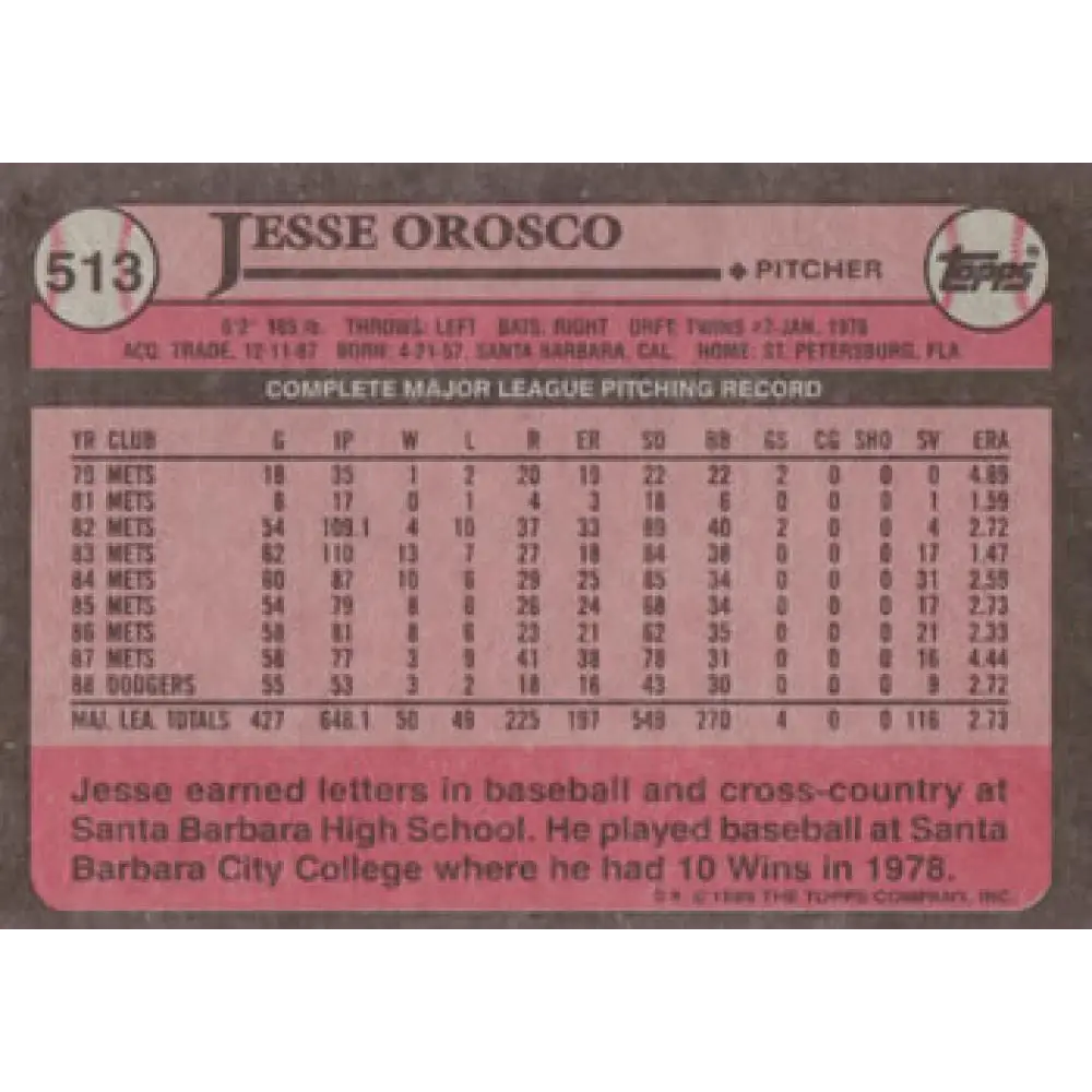 1989 Topps #513 Jesse Orosco NM-MT Los Angeles Dodgers Baseball Card Image 2