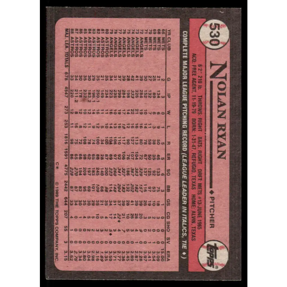 1989 Topps #530 Nolan Ryan EX/NM Houston Astros Baseball Card Image 2