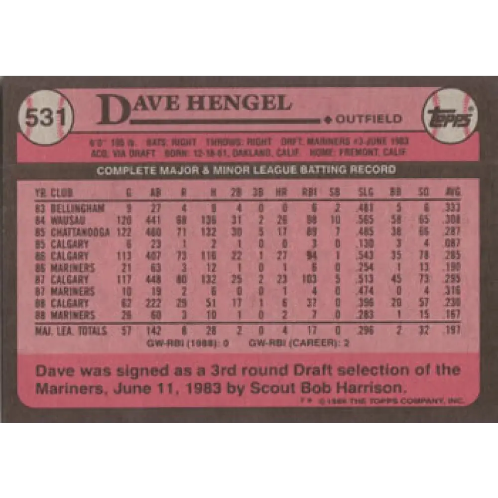1989 Topps #531 Dave Hengel NM-MT Seattle Mariners Baseball Card Image 2