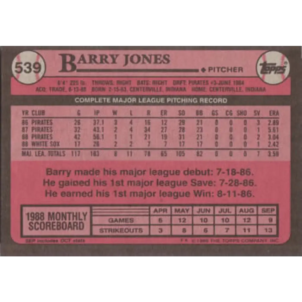 1989 Topps #539 Barry Jones NM-MT Chicago White Sox Baseball Card Image 2
