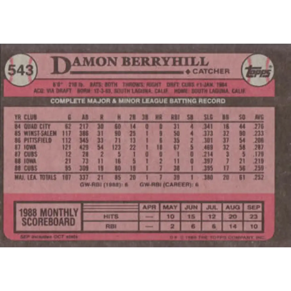 1989 Topps #543 Damon Berryhill NM-MT Chicago Cubs Baseball Card Image 2