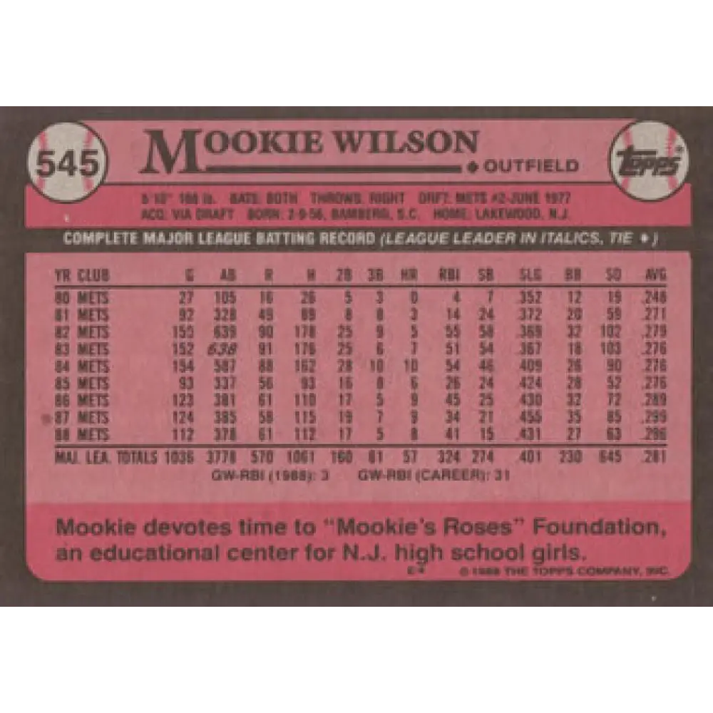 1989 Topps #545 Mookie Wilson NM-MT New York Mets Baseball Card Image 2