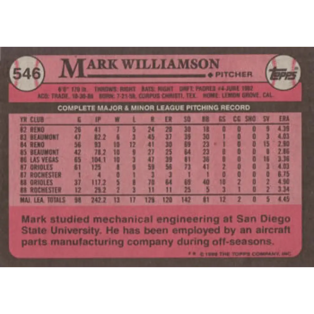 1989 Topps #546 Mark Williamson NM-MT Baltimore Orioles Baseball Card Image 2