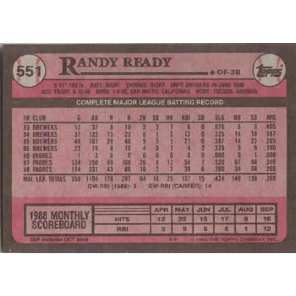1989 Topps #551 Randy Ready NM-MT San Diego Padres Baseball Card Image 2