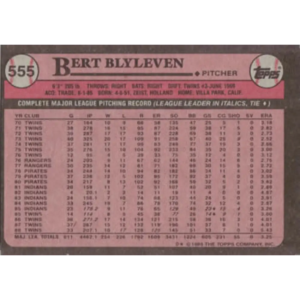 1989 Topps #555 Bert Blyleven NM-MT Minnesota Twins Baseball Card Image 2