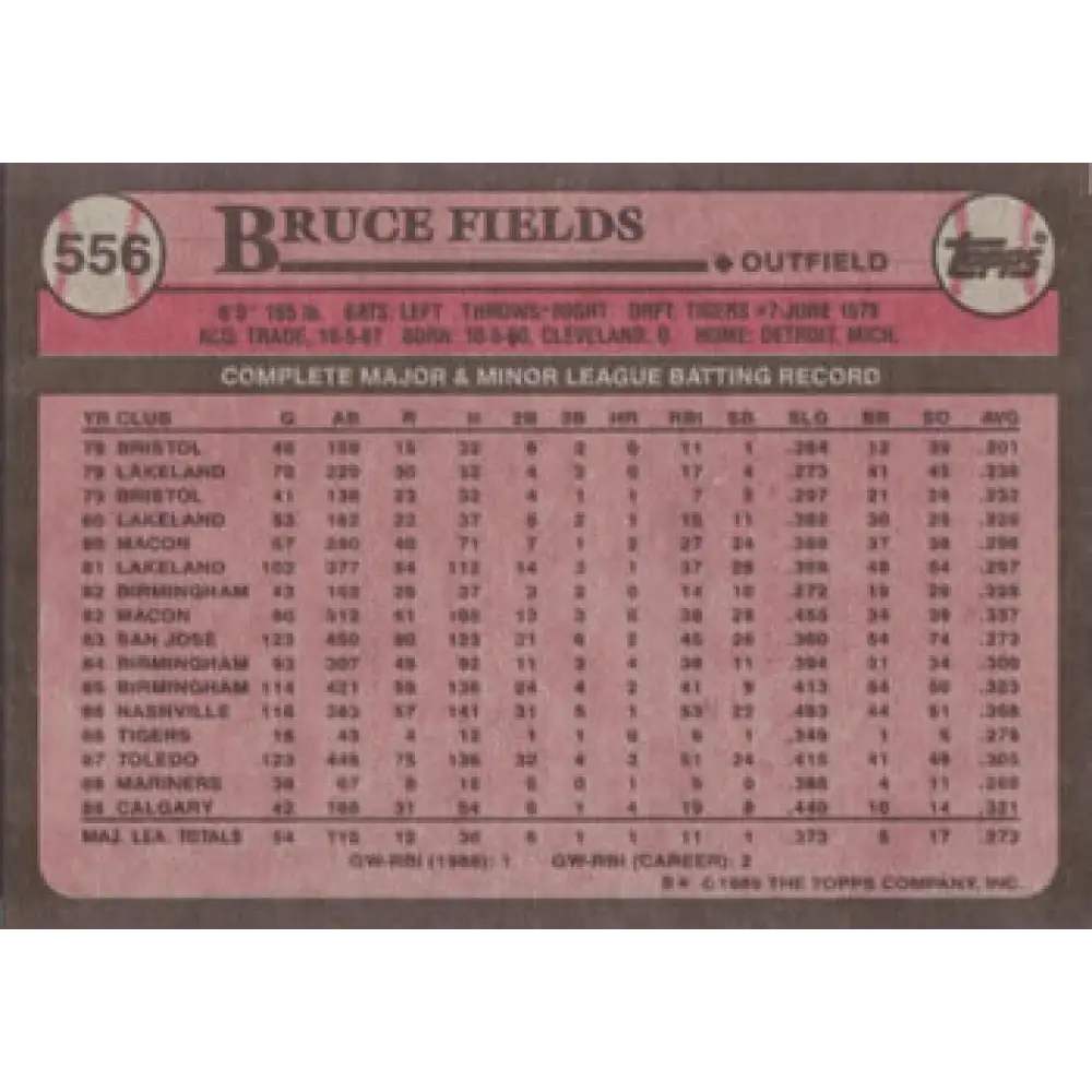 1989 Topps #556 Bruce Fields NM-MT Seattle Mariners Baseball Card Image 2