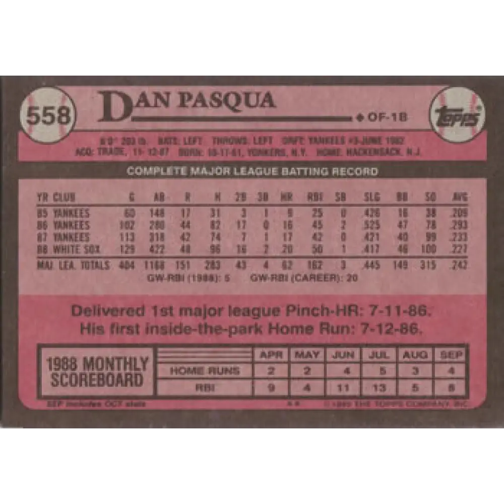 1989 Topps #558 Dan Pasqua NM-MT Chicago White Sox Baseball Card Image 2