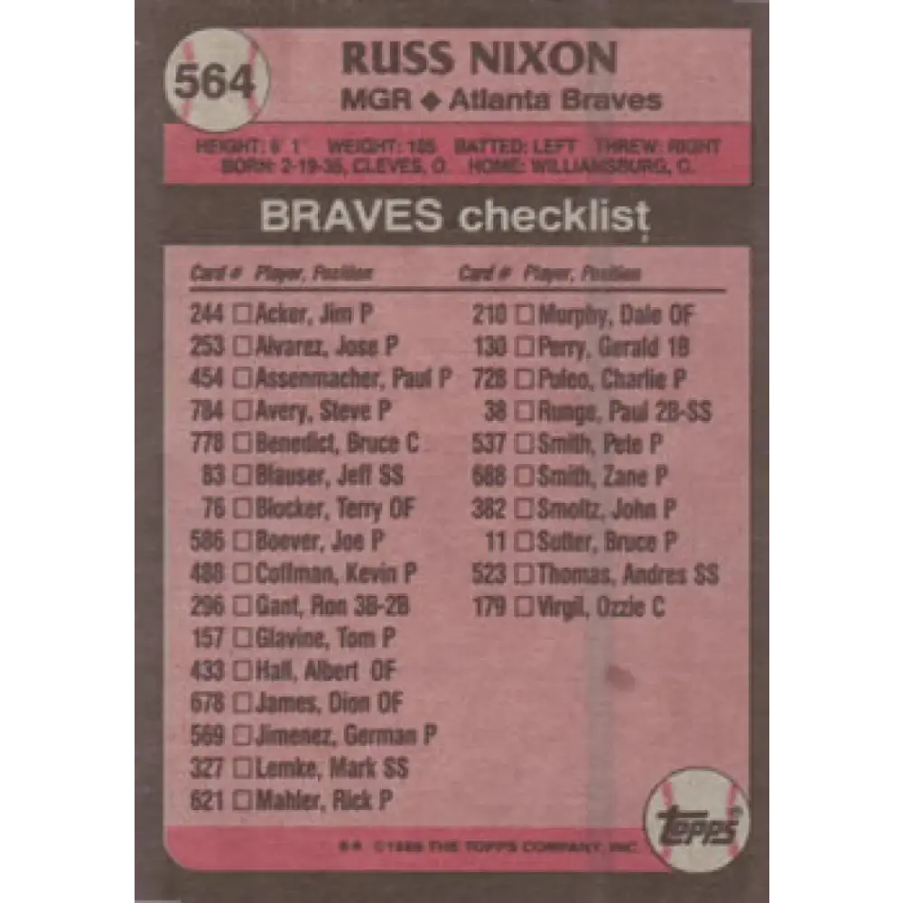 1989 Topps #564 Russ Nixon MG NM-MT Atlanta Braves Baseball Card Image 2
