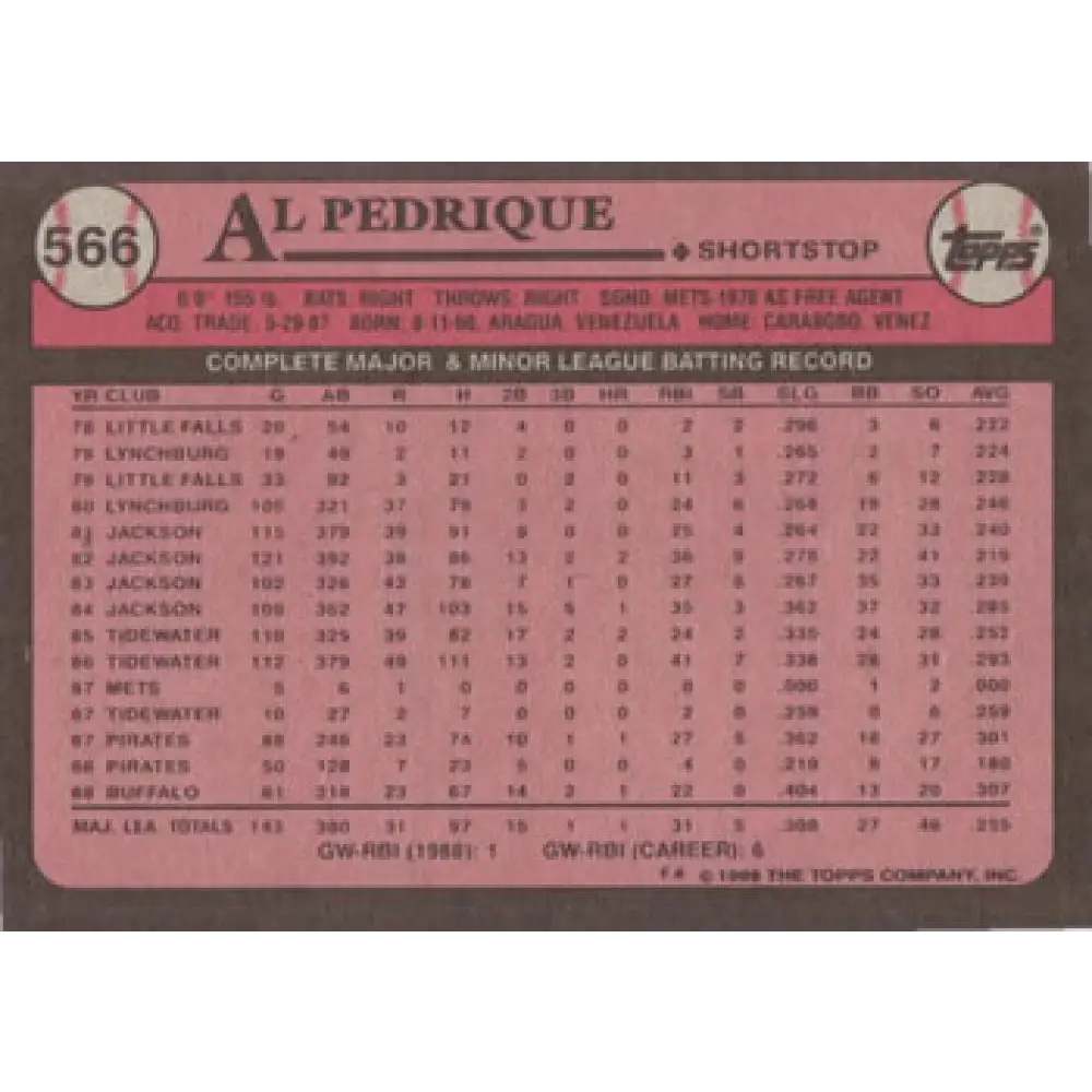 1989 Topps #566 Al Pedrique NM-MT Pittsburgh Pirates Baseball Card Image 2