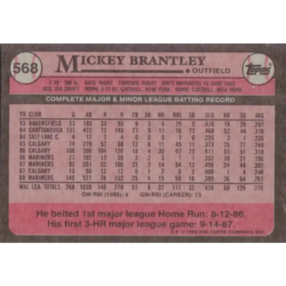 1989 Topps #568 Mickey Brantley NM-MT Seattle Mariners Baseball Card Image 2