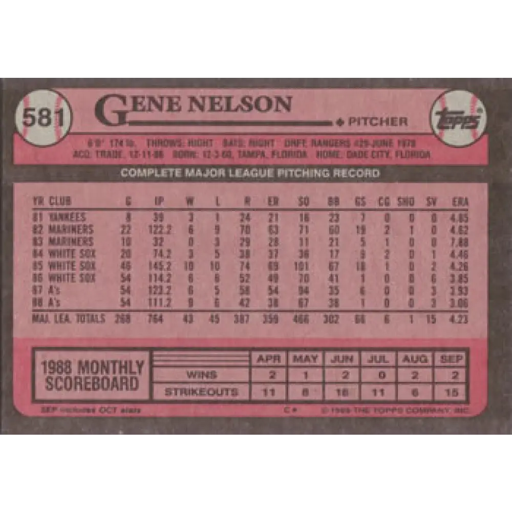 1989 Topps #581 Gene Nelson NM-MT Oakland Athletics Baseball Card Image 2
