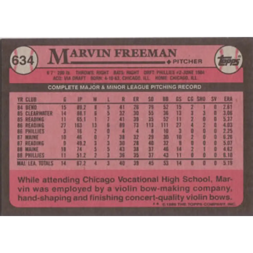 1989 Topps #634 Marvin Freeman NM-MT Philadelphia Phillies Baseball Card Image 2