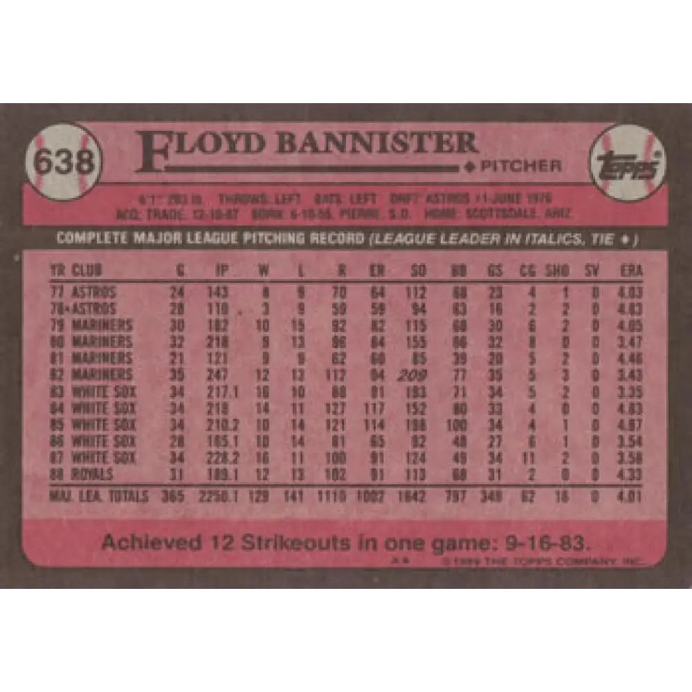 1989 Topps #638 Floyd Bannister NM-MT Kansas City Royals Baseball Card Image 2