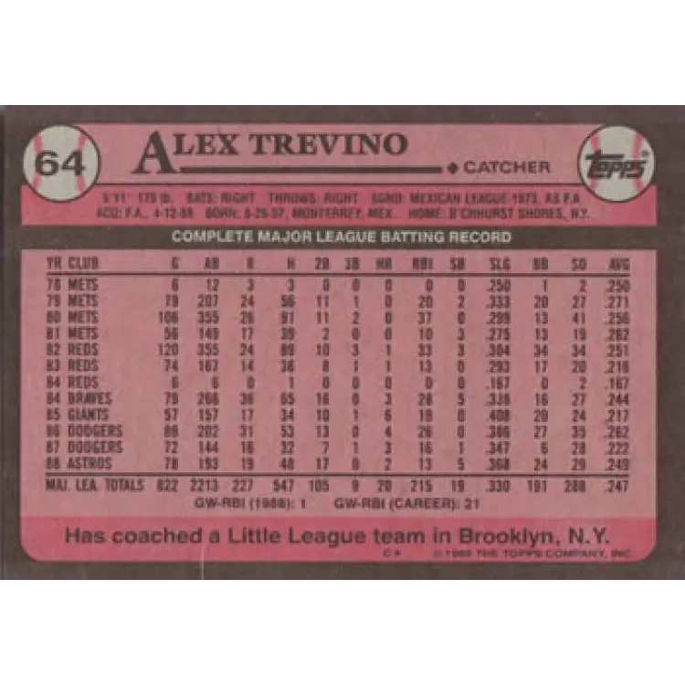 1989 Topps #64 Alex Trevino NM-MT Houston Astros Baseball Card Image 2
