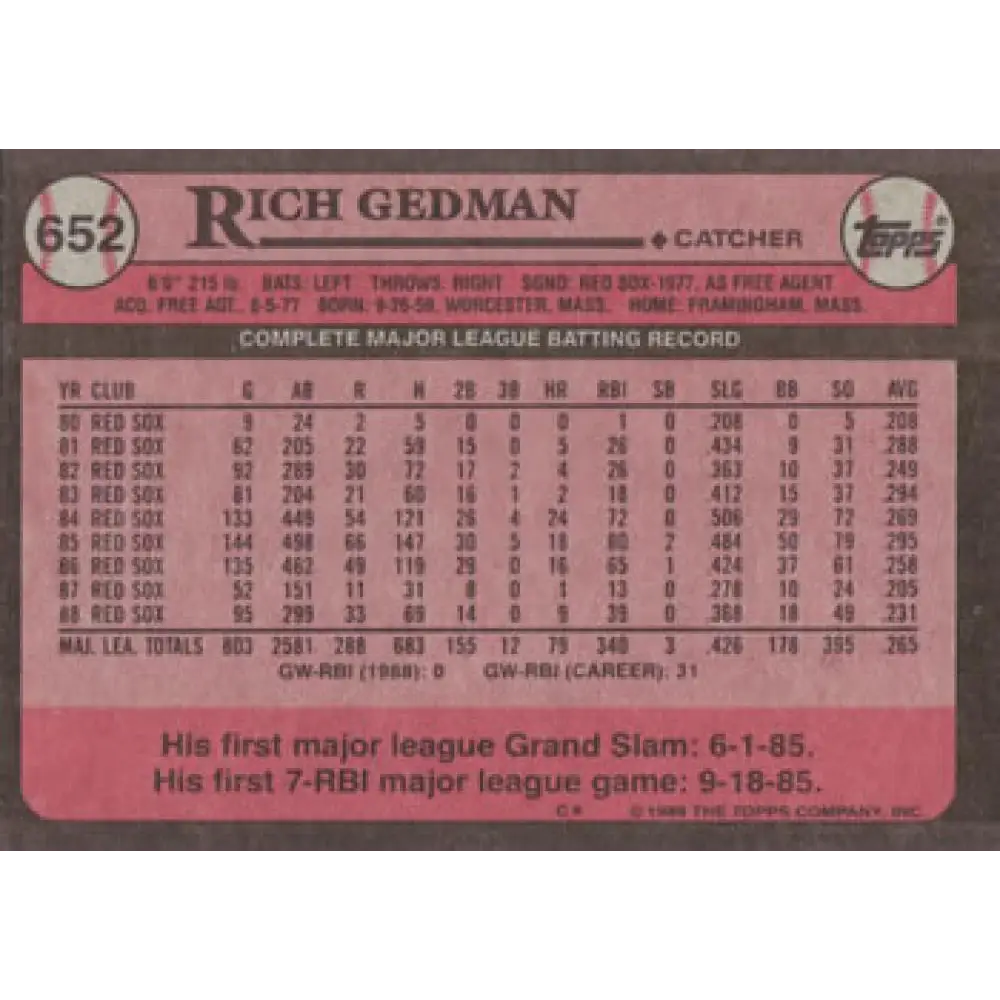 1989 Topps #652 Rich Gedman NM-MT Boston Red Sox Baseball Card Image 2