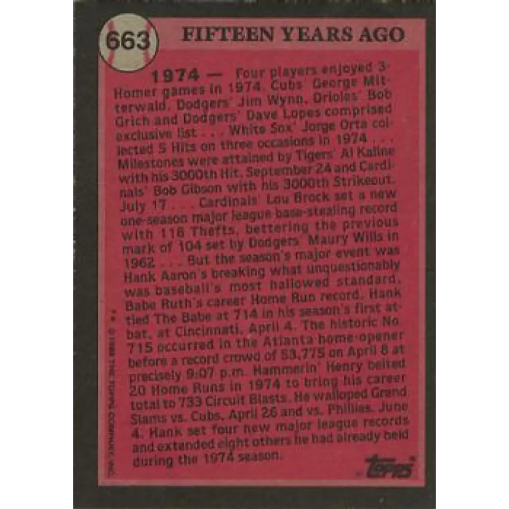 1989 Topps #663 Hank Aaron NM-MT Atlanta Braves Baseball Card Image 2