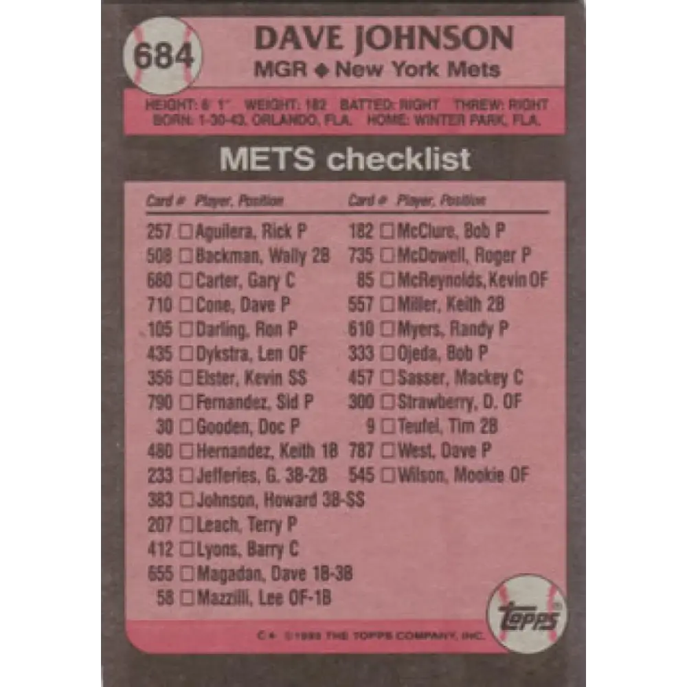1989 Topps #684 Dave Johnson MG NM-MT New York Mets Baseball Card Image 2