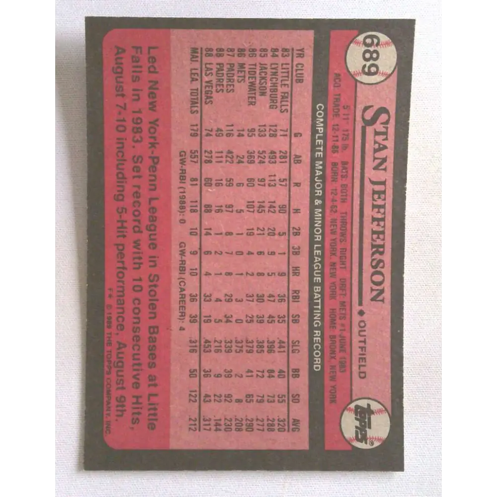 1989 Topps #689a Stan Jefferson NM-MT San Diego Padres Baseball Card Image 2