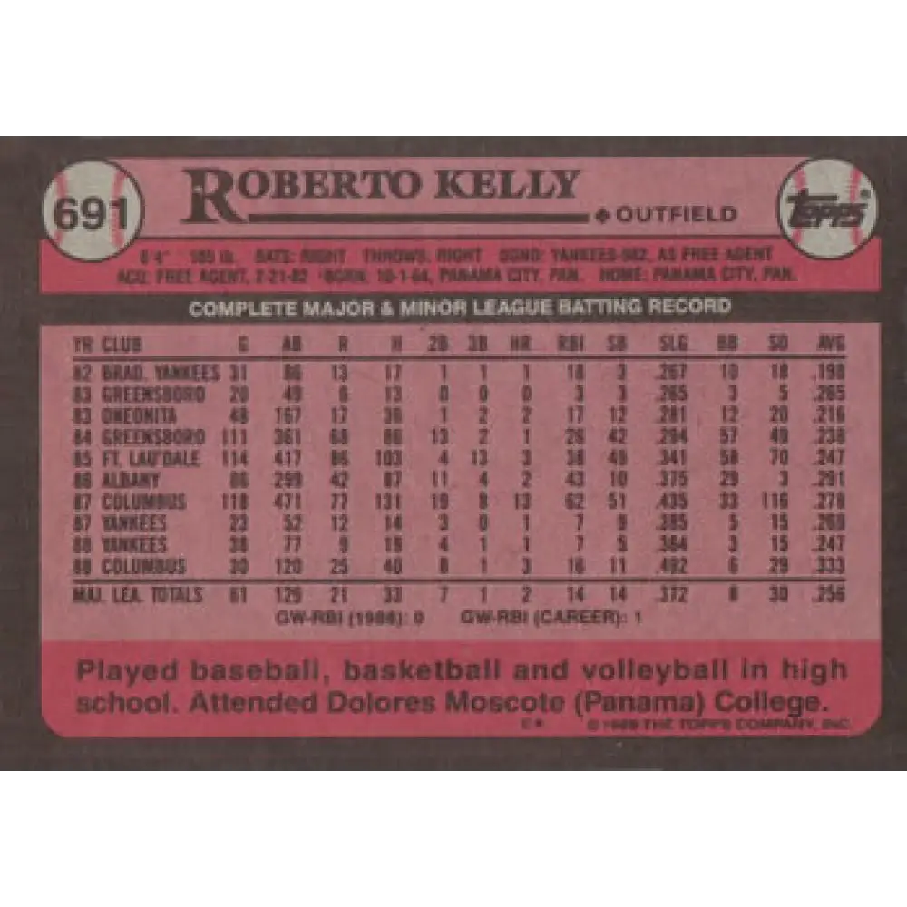 1989 Topps #691 Roberto Kelly UER NM-MT New York Yankees Baseball Card Image 2