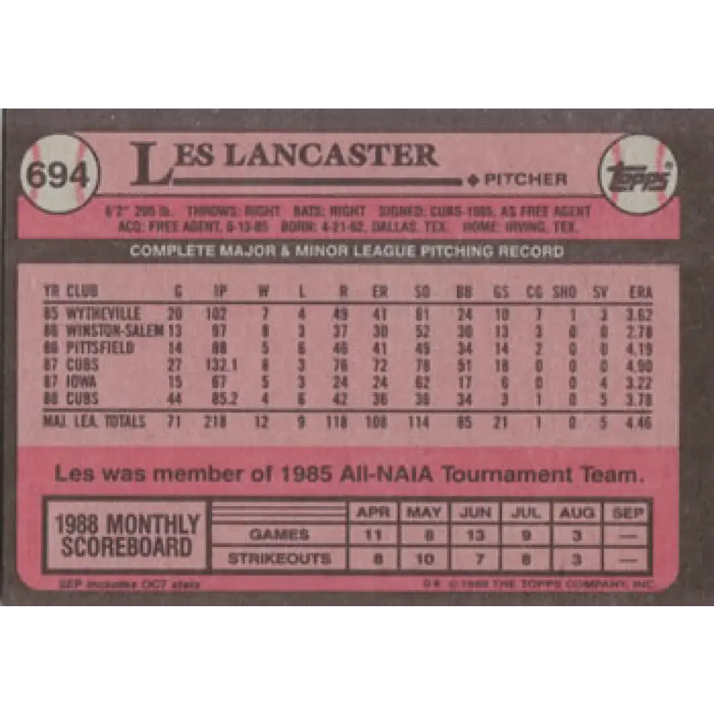 1989 Topps #694 Les Lancaster NM-MT Chicago Cubs Baseball Card Image 2