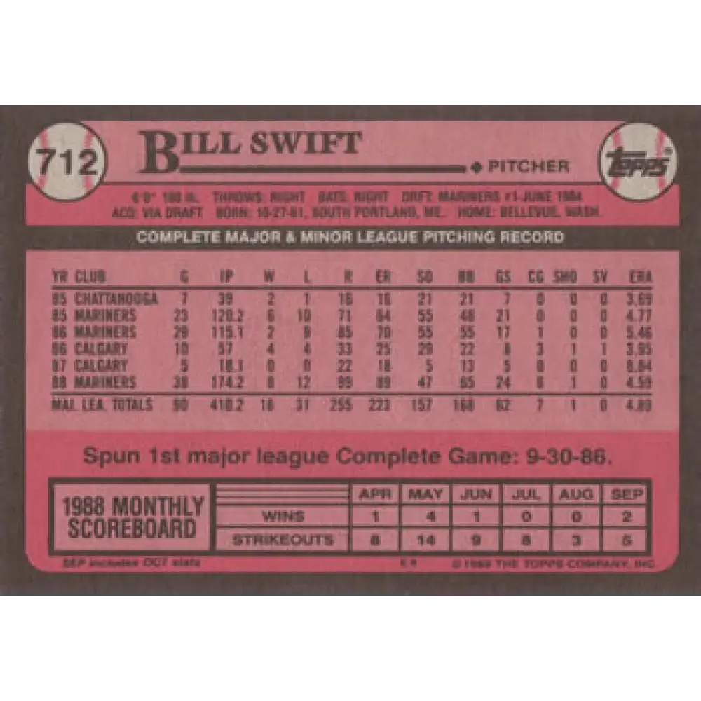1989 Topps #712 Bill Swift NM-MT Seattle Mariners Baseball Card Image 2