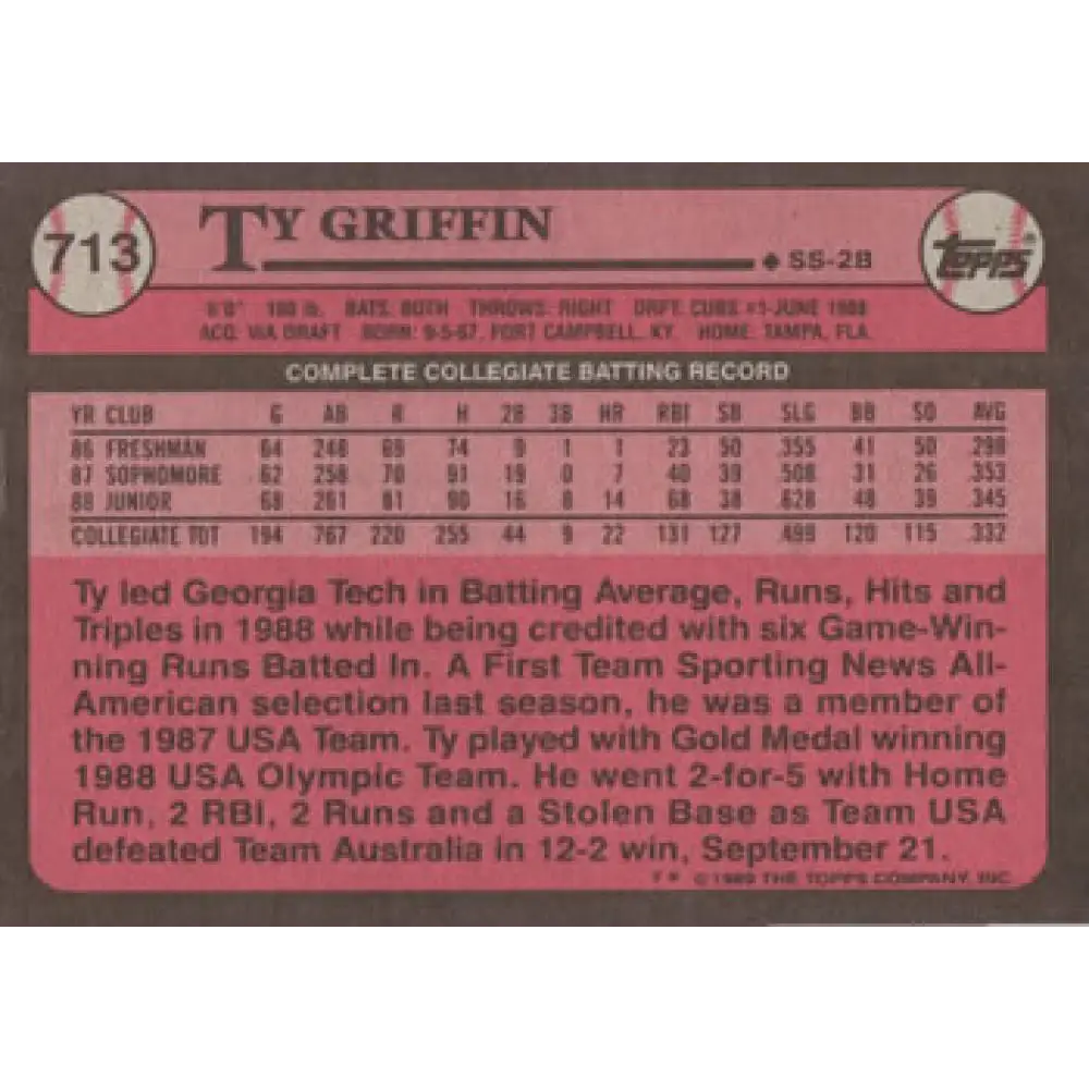 1989 Topps #713 Ty Griffin FDP NM-MT Chicago Cubs Baseball Card Image 2