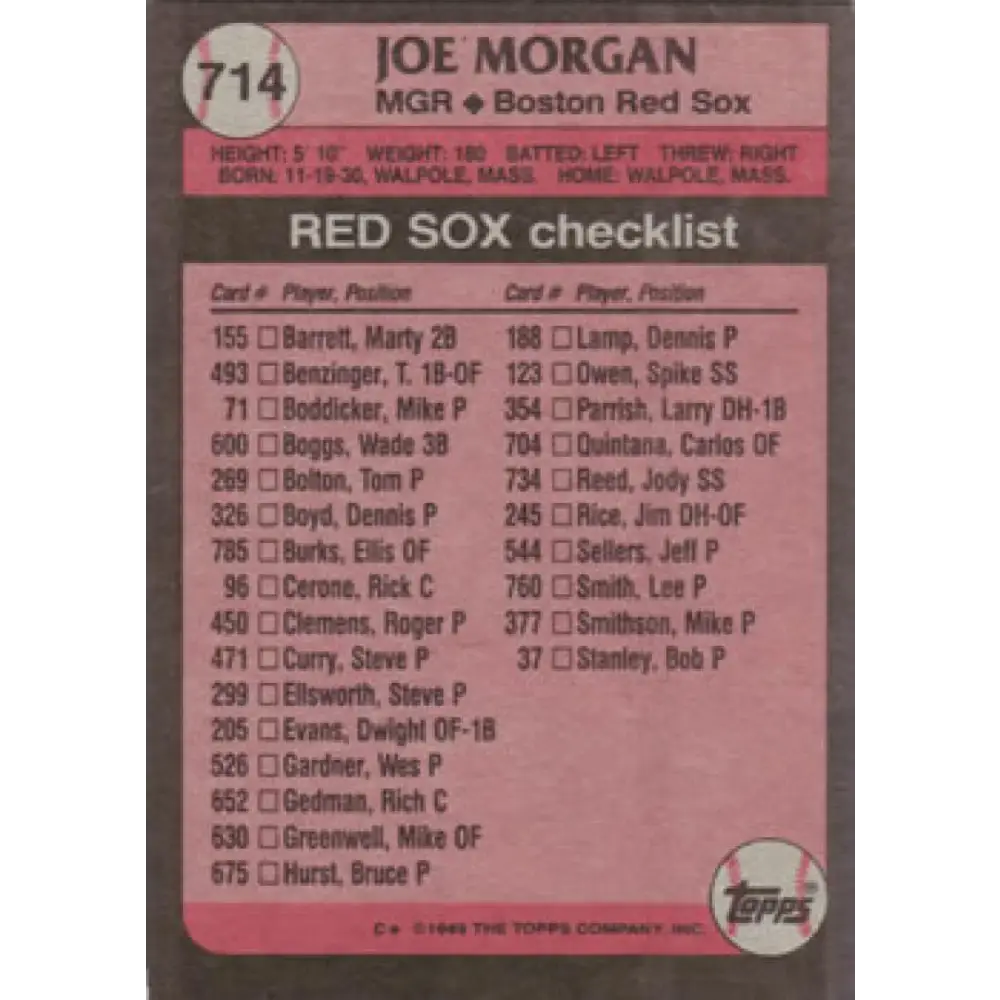 1989 Topps #714 Joe Morgan MG NM-MT Boston Red Sox Baseball Card Image 2