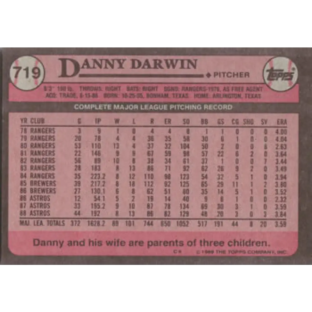 1989 Topps #719 Danny Darwin NM-MT Houston Astros Baseball Card Image 2